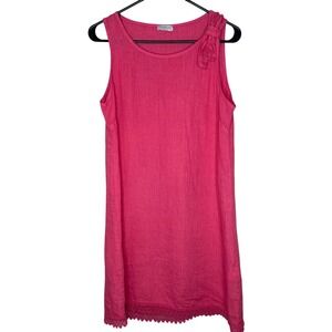 Bellambra Pink 100% Linen Dress Made in Italy Bow‎ Shoulder Lace Trim Womens M